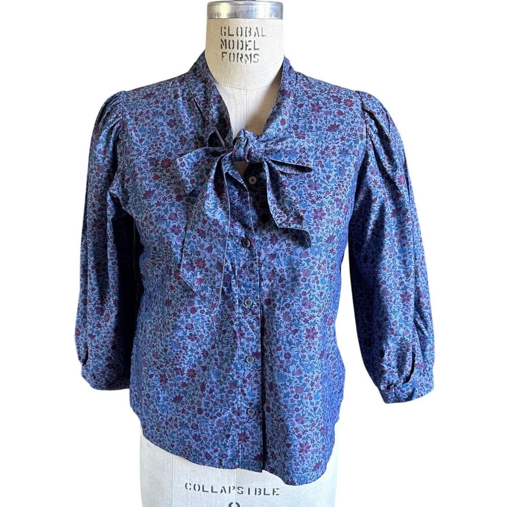 J. CREW Liberty Fabric Columbo Chambray Blue Tie Neck Blouse Size XS XSmall